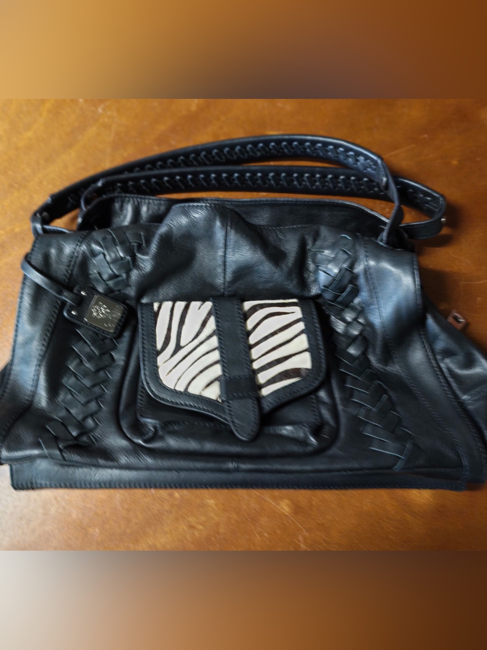 Jessica Simpson Black Leather Shoulder Bag with Zebra Accent